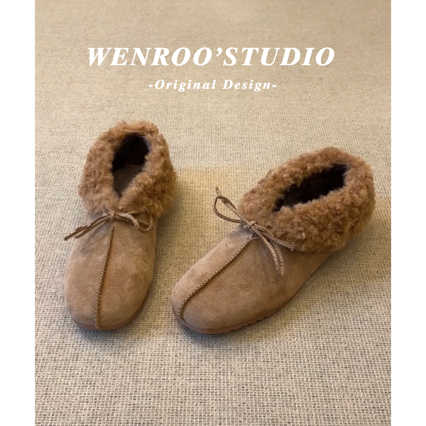 卡其色复古蝴蝶结平底加绒棉鞋女