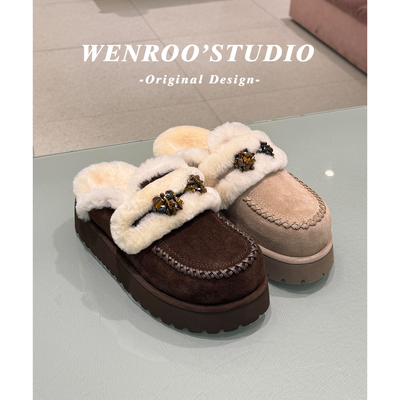 真皮加绒一脚蹬增高厚底勃肯鞋女