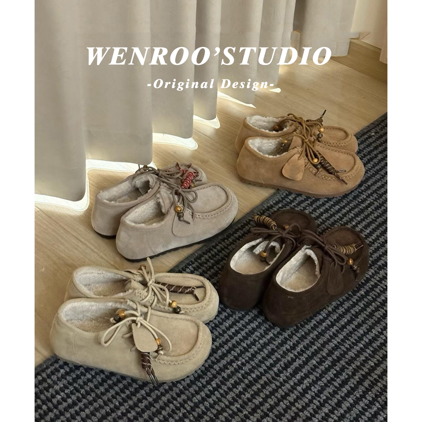 小众复古系带加绒深口单棉鞋女冬