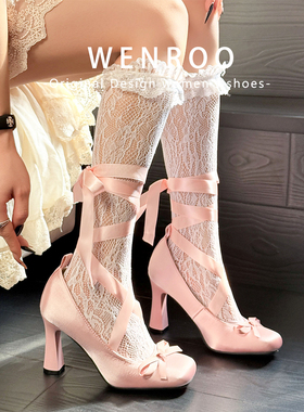 粉色芭蕾风方头Lolita两穿绑带粗跟高跟鞋女秋2025新款蝴蝶结单鞋