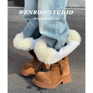 棕色复古三穿大筒围厚底雪地靴女冬季 拉链高筒西部长靴子 2025新款