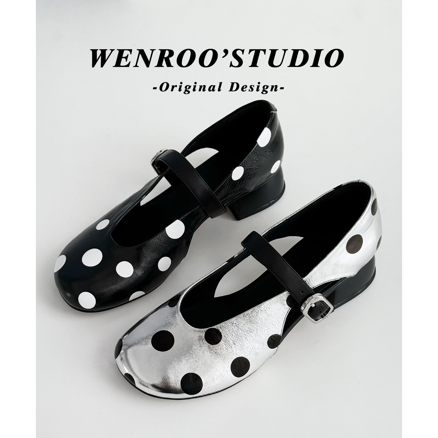 法式波点镂空粗跟玛丽珍鞋女夏2026新款银色浅口圆头通勤高跟单鞋