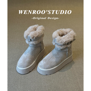 灰色扣带真皮加绒中筒雪地靴女2025新款复古厚底防滑保暖毛毛短靴