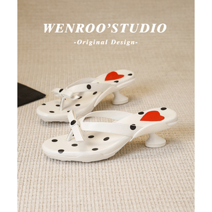 法式白色波点夹趾拖鞋女外穿2026夏季新款度假风蝴蝶结高跟凉拖鞋