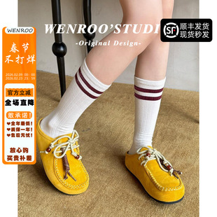 黄色复古厚底袋鼠勃肯鞋女春外穿2026新款真皮一脚蹬系带包头半拖