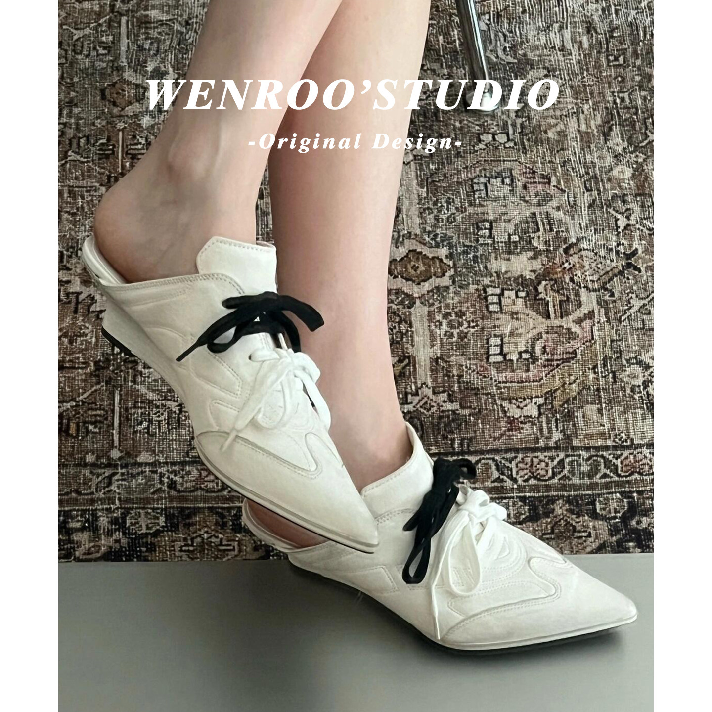 运动设计感尖头系带坡跟包头拖女外穿2026新款白色休闲尖头高跟鞋