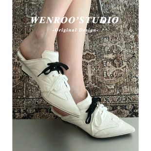 运动设计感尖头系带坡跟包头拖女外穿2026新款 白色休闲尖头高跟鞋