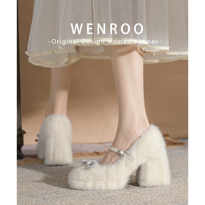 法式白色水钻蝴蝶结玛丽珍毛毛鞋