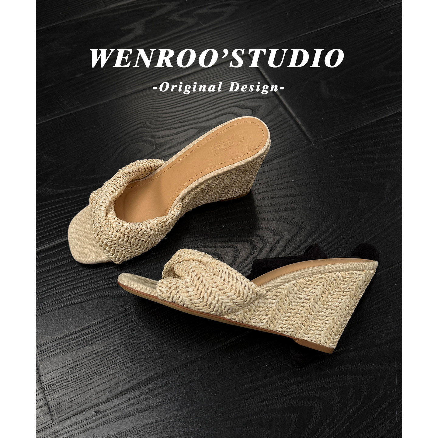 法式复古编织方头坡跟一字拖鞋女外穿2026夏季新款配裙子高跟凉鞋