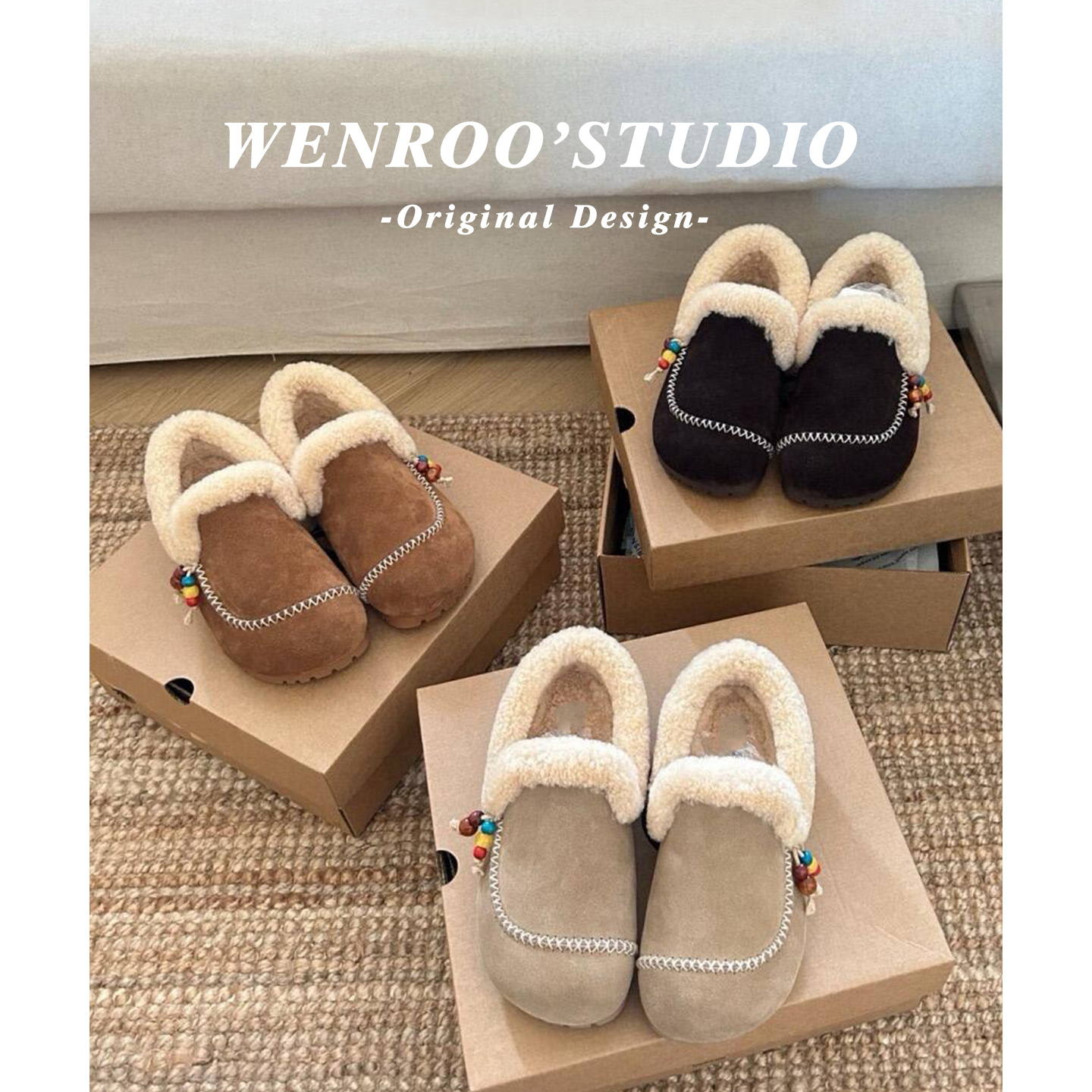 复古串珠真皮加绒全包勃肯棉鞋女