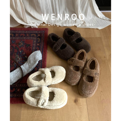 白色魔术贴羊羔玛丽珍毛毛鞋女冬