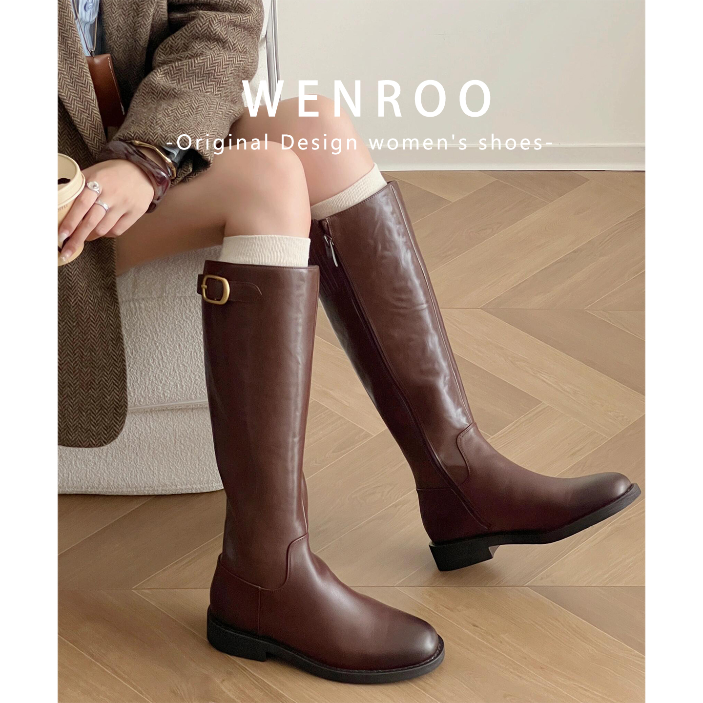 卢昱晓同款~棕色复古粗跟骑士靴