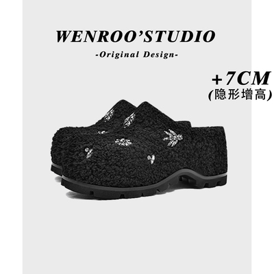 暖星絮语！黑色水钻厚底勃肯鞋女