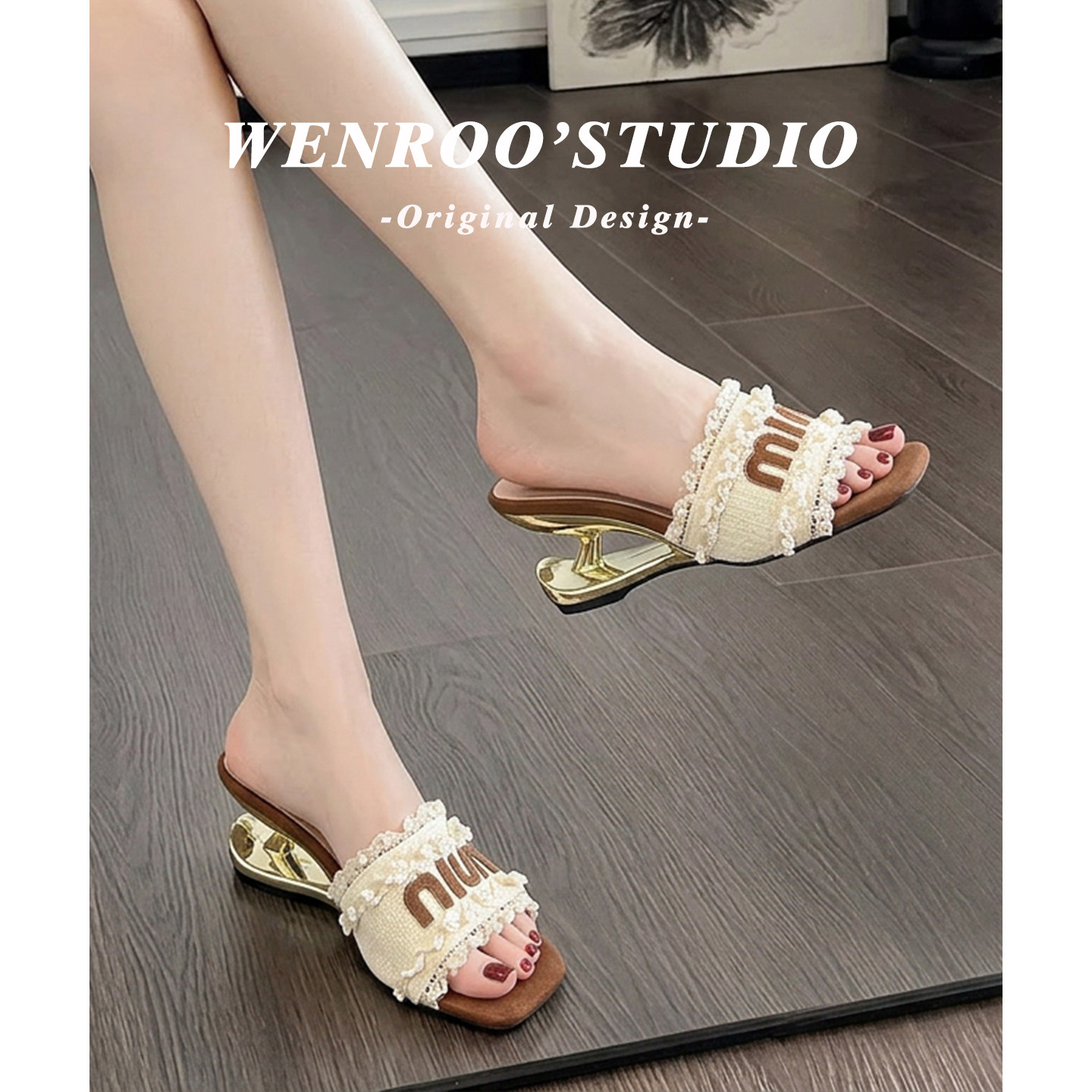 法式小众蕾丝高跟凉鞋女夏季外穿2026新款巨好看露趾坡跟一字拖鞋