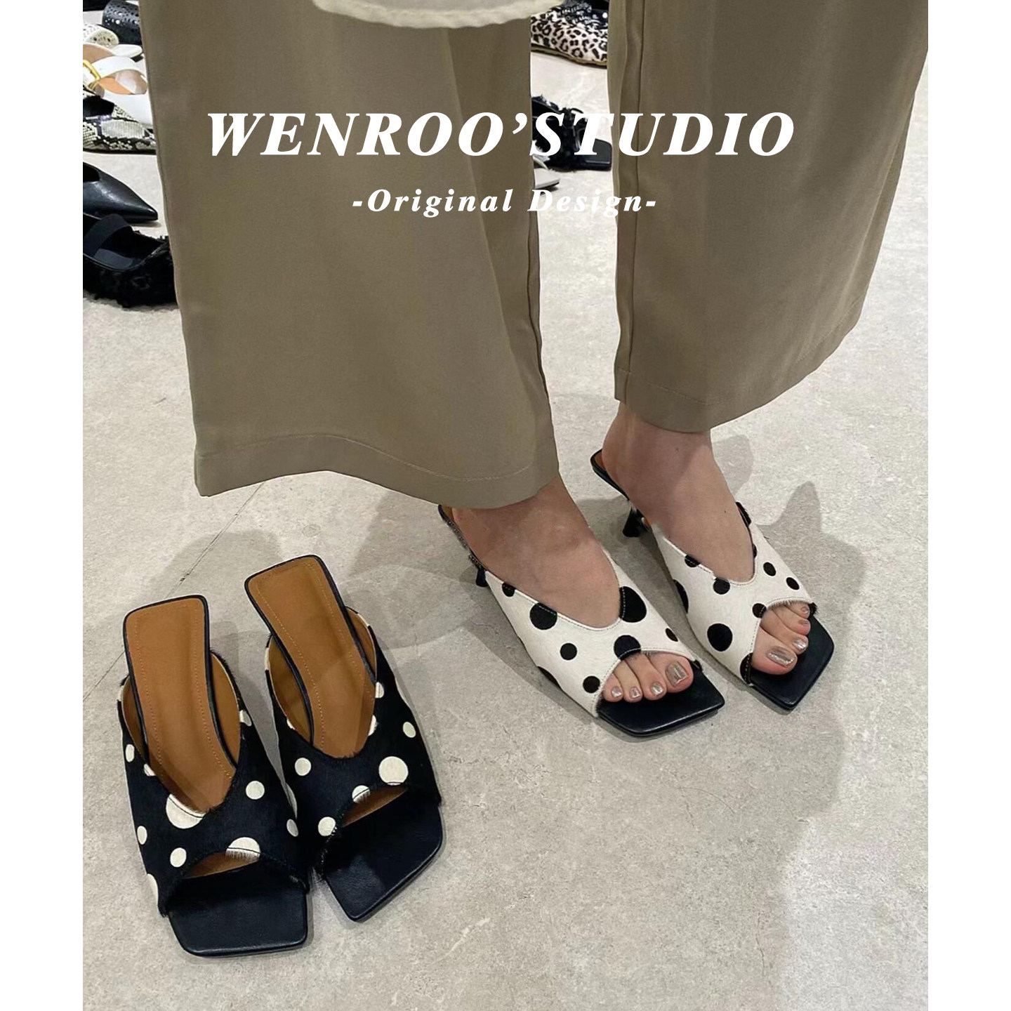 复古波点一字带马毛低跟凉鞋女夏外穿2026新款白色性感细跟凉拖鞋