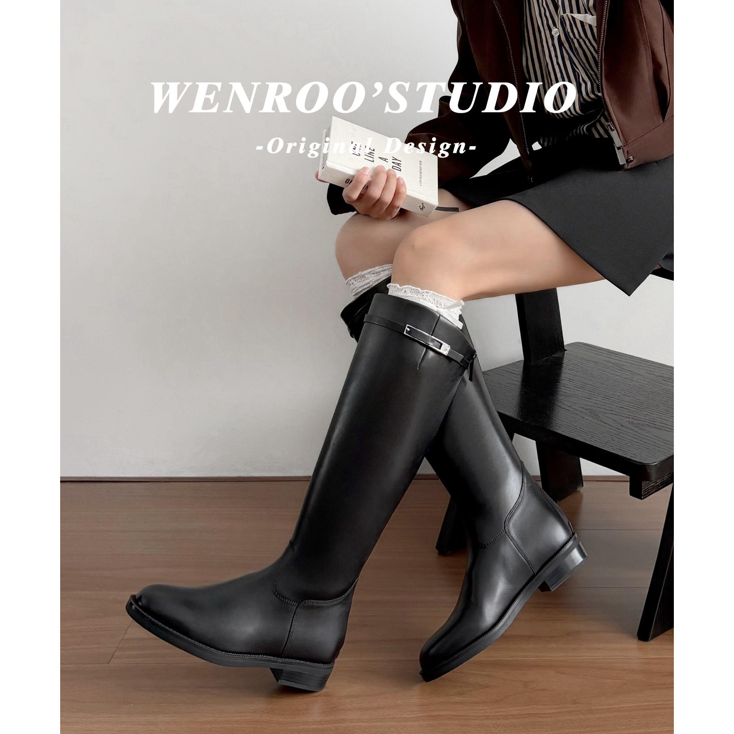 极简风黑色圆头不过膝长筒靴子女