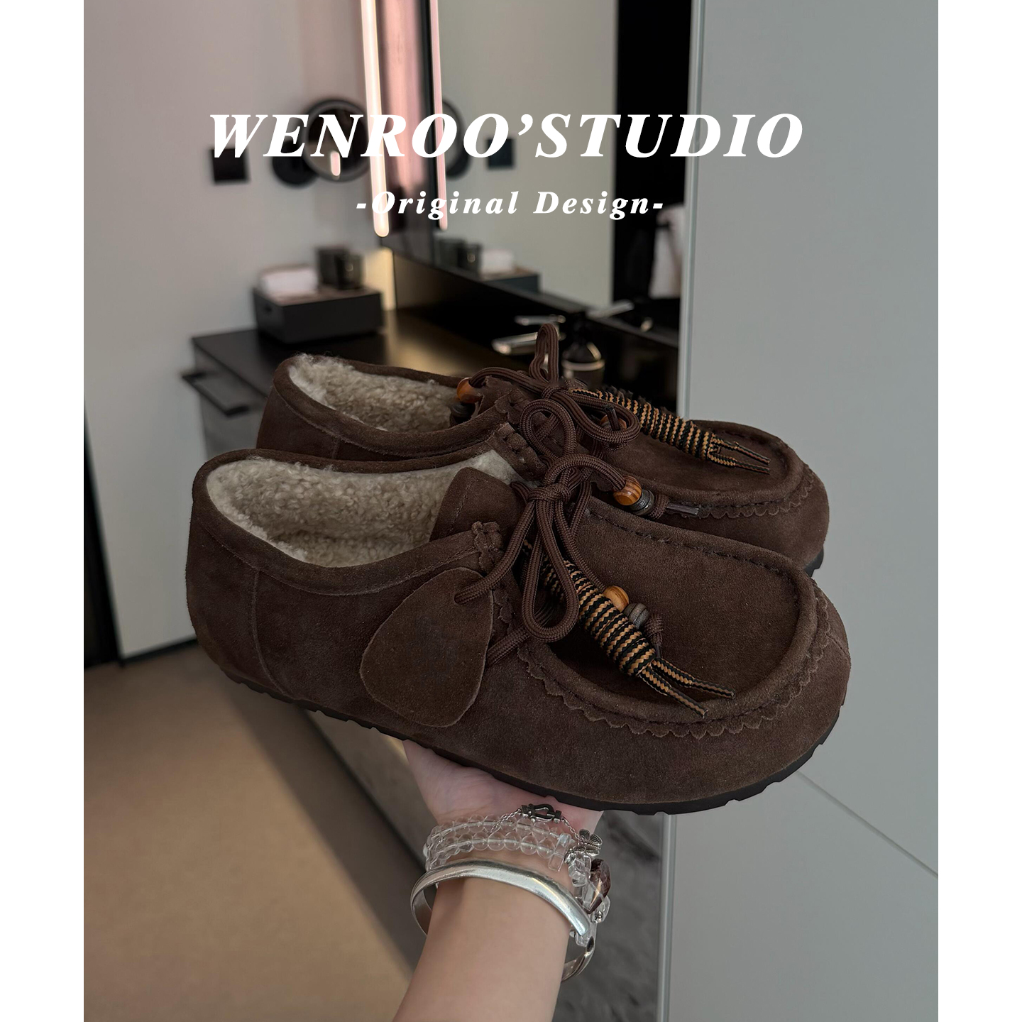 咖色系带真皮加绒全包勃肯鞋外穿
