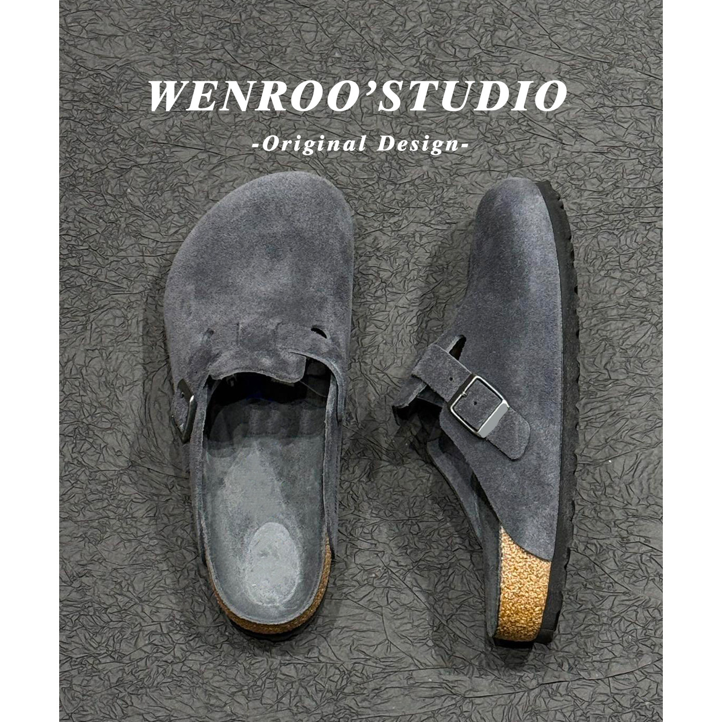 2026新款真皮天鹅灰色厚底包头半拖鞋女外穿复古一脚蹬懒人勃肯鞋