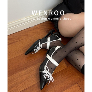 法式黑色蝴蝶结魔术贴高跟鞋女2025秋新款复古尖头悬浮跟系带单鞋