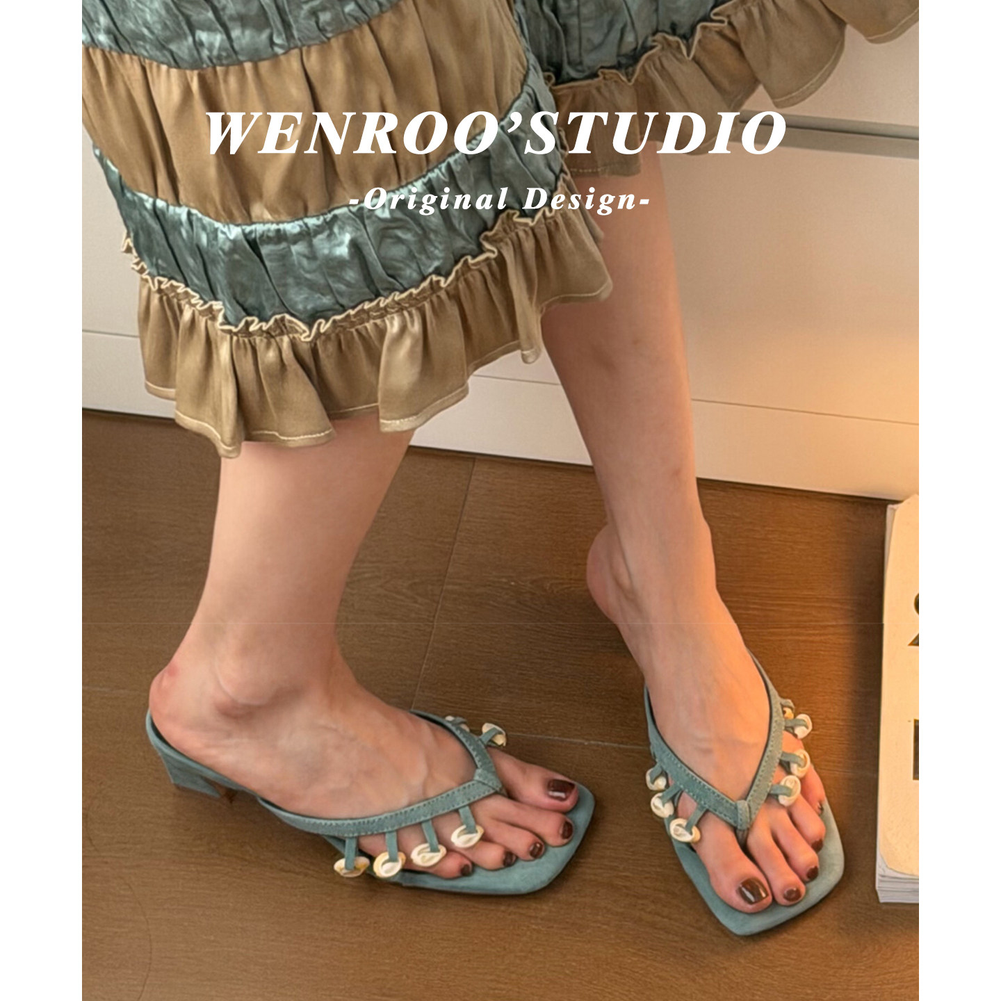 小众蓝色贝壳粗跟人字拖女夏外穿