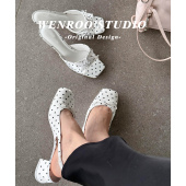 方头蝴蝶结高跟凉拖鞋 女2026春夏新款 白色波点后绊带包头凉鞋 法式