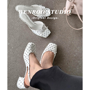 法式白色波点后绊带包头凉鞋女2026春夏新款方头蝴蝶结高跟凉拖鞋