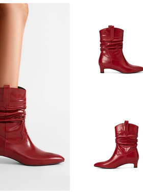 36-43码 大尺码红色褶皱皱靴一脚蹬中跟尖头反串伪娘时装百搭短靴