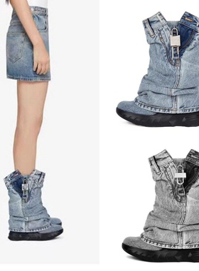 蓝色牛仔大码鲨鱼靴欧美外贸金属锁扣裙边厚底增高裤管靴褶皱短靴