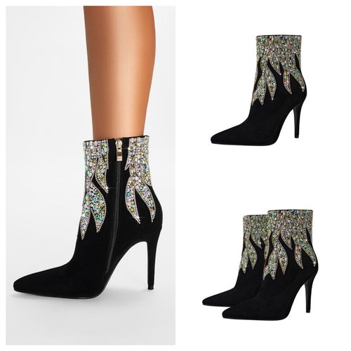 35-46码大尺码尖头手工幻彩水钻火焰短靴时尚夜店性感细跟女靴子