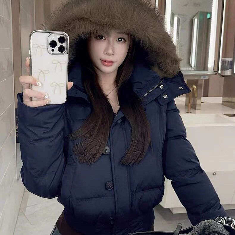 藏青色大毛领连帽羽绒棉服女2025年冬季新款小个子加厚短款面包服