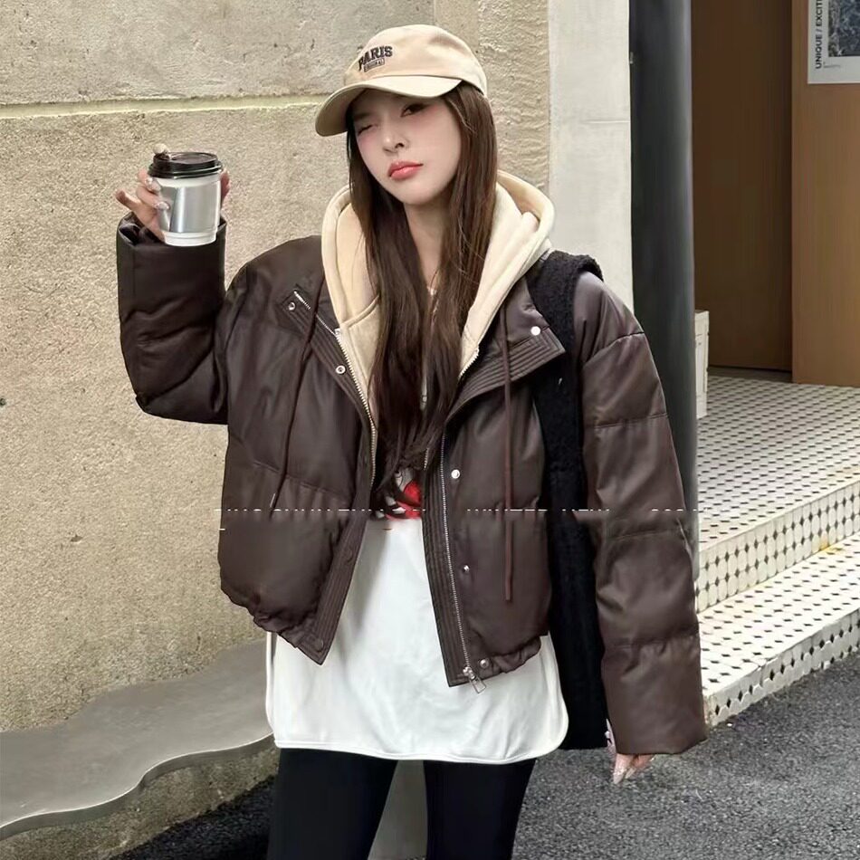 小个子肯豆蛋白PU皮女士冬季假两件连帽羽绒棉加厚短款白鸭绒皮衣