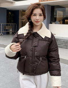 针织双层领羽绒棉服女短款2025新款欧货宽松PU皮质免洗冬外套女