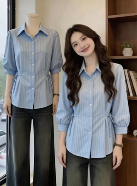 法式Polo领蓝色条纹短袖衬衫女夏季新款大码胖mm显瘦独特别致上衣