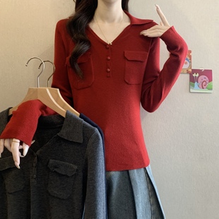 翻领打底衫 本命年红色polo领针织衫 修身 女2025秋冬季 上衣 胖mm新款