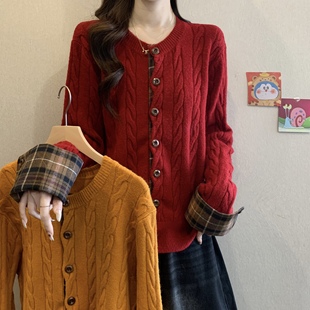 红人馆红色毛衣开衫女春秋季设计感假两件上衣独特绝美小针织外套
