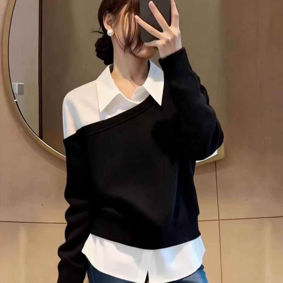 假两件衬衫拼接长袖卫衣女款秋冬大码胖mm显瘦polo领打底上衣