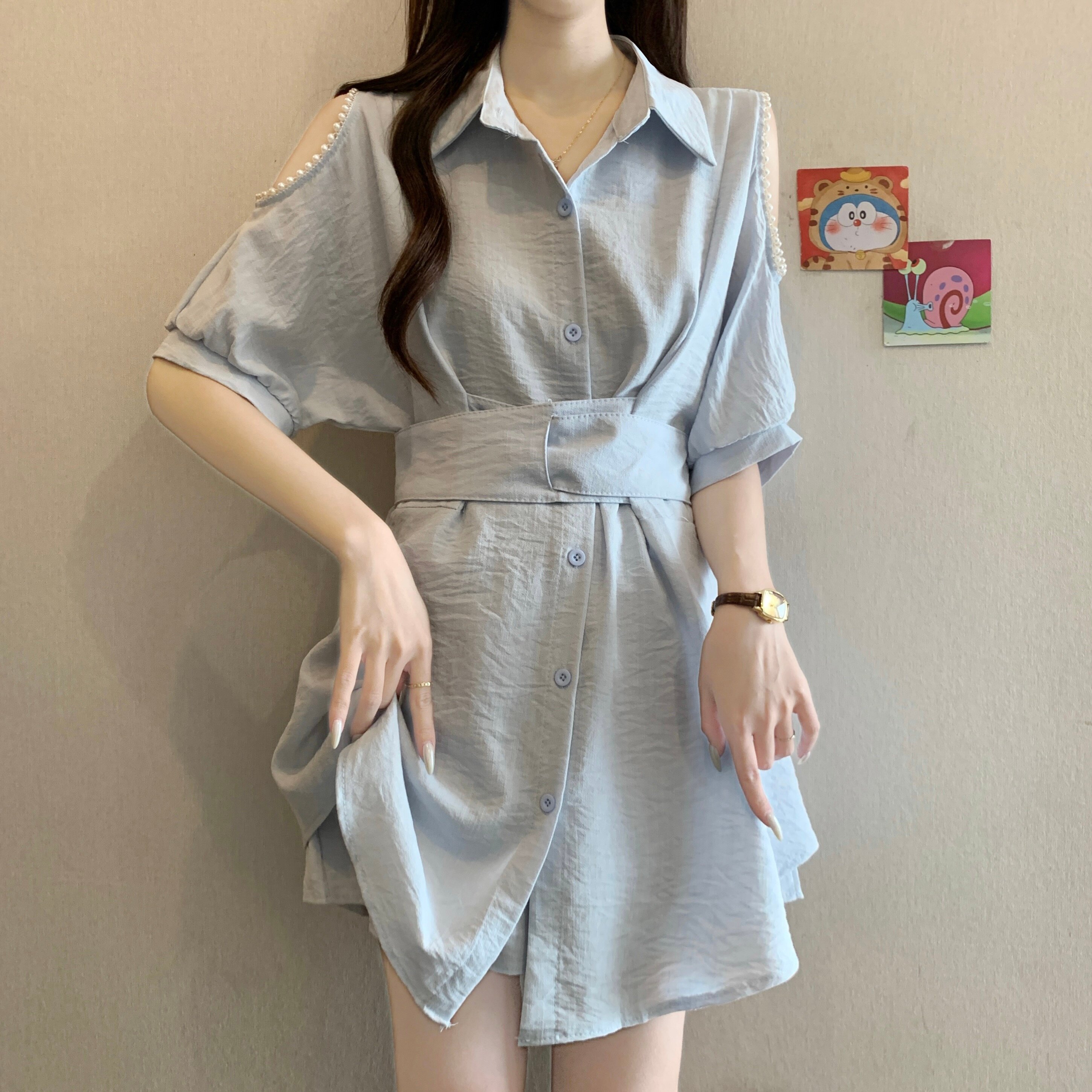 大码温柔风雪纺短袖衬衫短裤两件套女夏胖mm遮肉显瘦气质套装衬衣