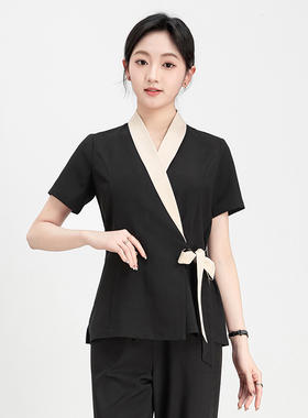 皮肤管理师美容spa工作服女美容院美容技师服工套装黑色白色短袖