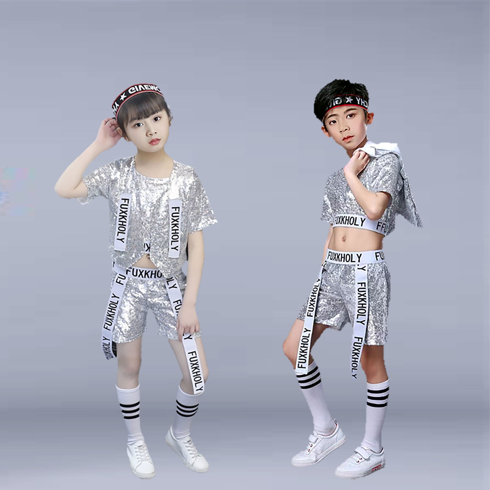 六一儿童节演出服男孩女孩爵士银色舞蹈服跳舞服集体活动合唱服装