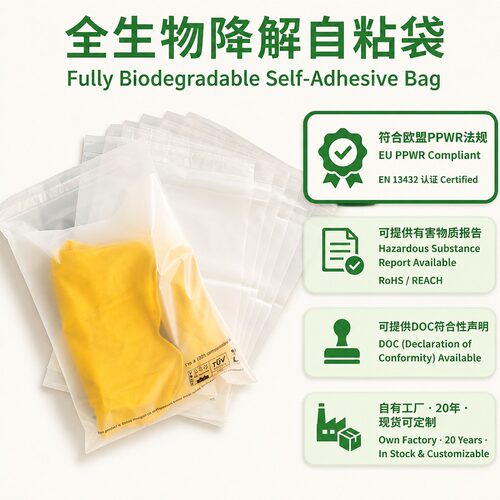 PPWR可降解服装自粘袋Recyclable可堆肥降解GRS平口塑料包装袋