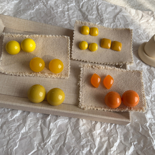 原创设计《落日芒果》 韩系ins黄色925纯银耳环几何圆球树脂耳钉