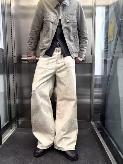 No Faith Studios Beige Washed Vintage Mud-Dyed Splash-Ink Herringbone Five-Button Denim Work Pants