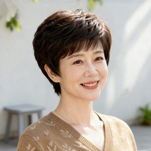 假发女真发全真人发丝中老年妈妈款时尚减龄薄款短发全头套超透气