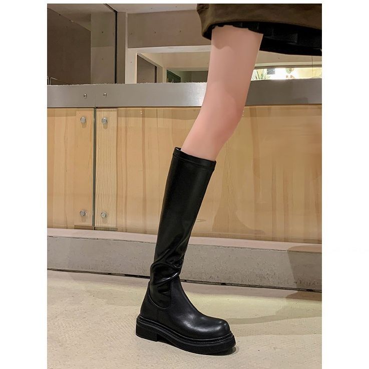 法式厚底骑士靴高筒弹力瘦瘦靴小