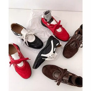 绝美内增高单鞋 百搭运动休闲鞋 女 复古红色芭蕾风阿甘德训鞋 法式