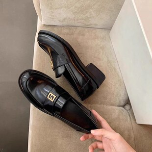 增高鞋7CM金扣厚底小皮鞋女春季新款英伦风粗跟真皮一脚蹬乐福鞋