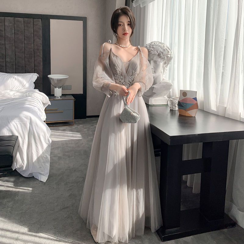 热销灰色伴娘礼服新款春季气质长款显瘦仙气姐妹团晚礼服裙女春季