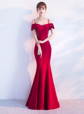 热销经典款新娘敬酒服酒红色新款鱼尾结婚晚礼服女性感修身连衣裙