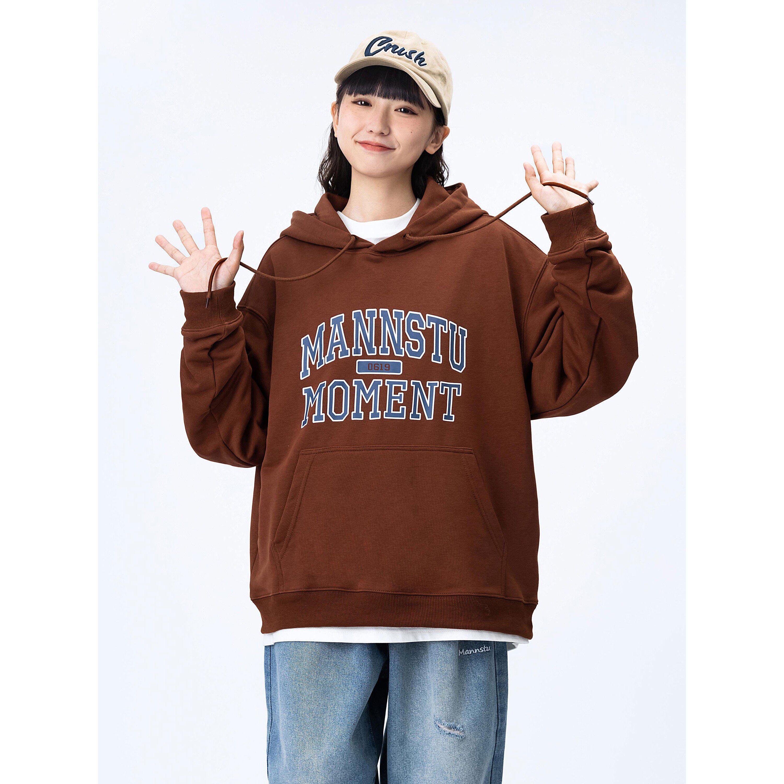 春季中性字母连帽卫衣女日系情侣宽松复古bf风套头上衣