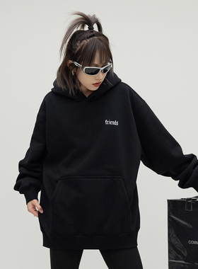 ONE PASS 380g重磅字母印花连帽加绒卫衣女春季情侣宽松加厚帽衫